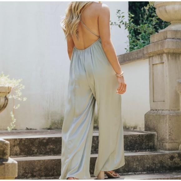Magnolia Pants & Jumpsuits | Magnolia Boutique- Opal‎ Green Satin Open Back - Picture 2 of 8